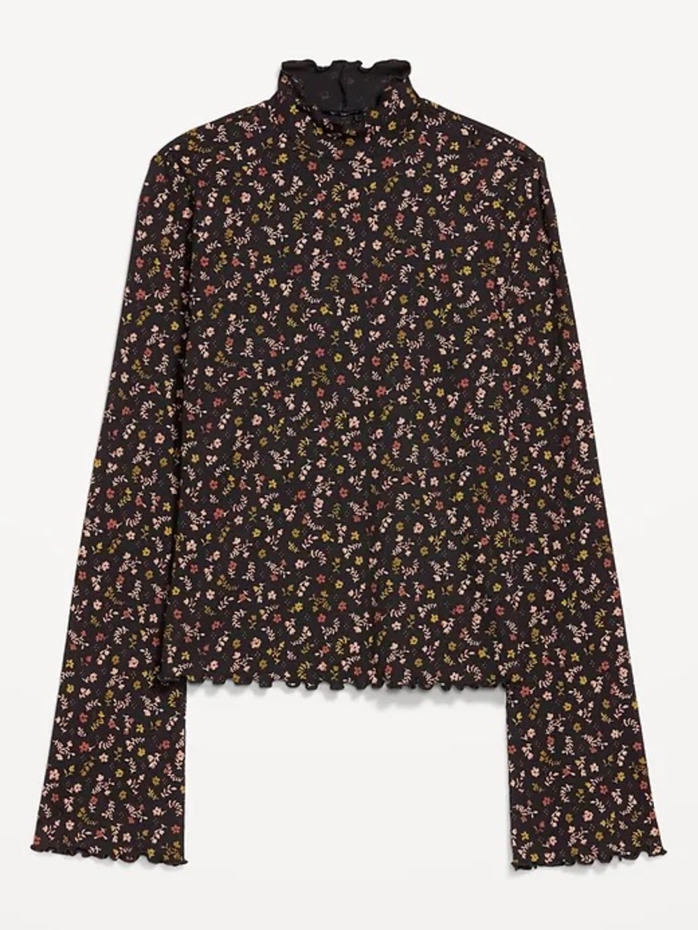 NWOT Old Navy Mock Neck Lettuce Edge Rib Top Black Floral Womens M Cottagecore
